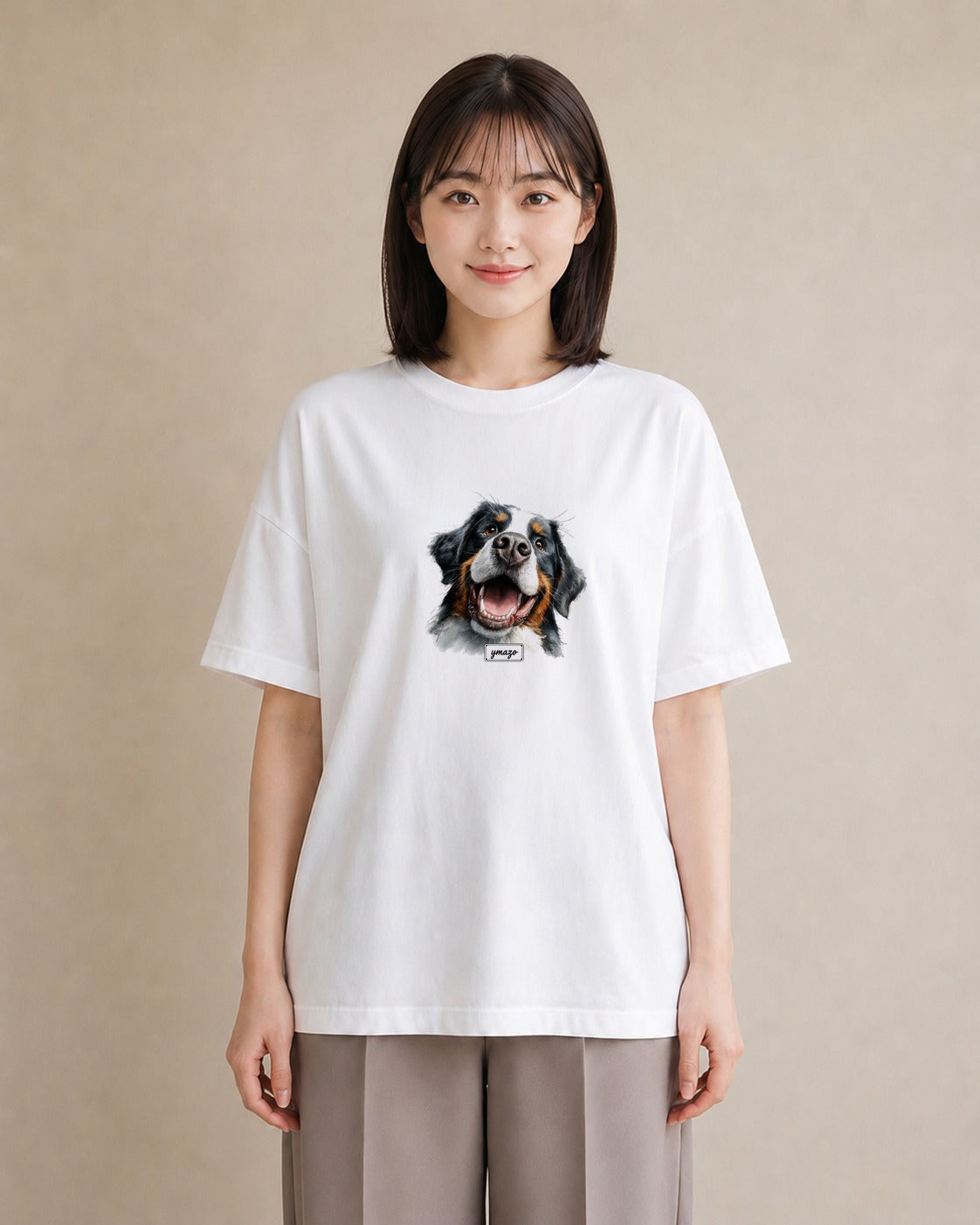 デザインTシャツ レディース バーニーズマウンテンドッグ 犬 いぬ イラスト レトロ ラフ レイヤード 白T YMAZO