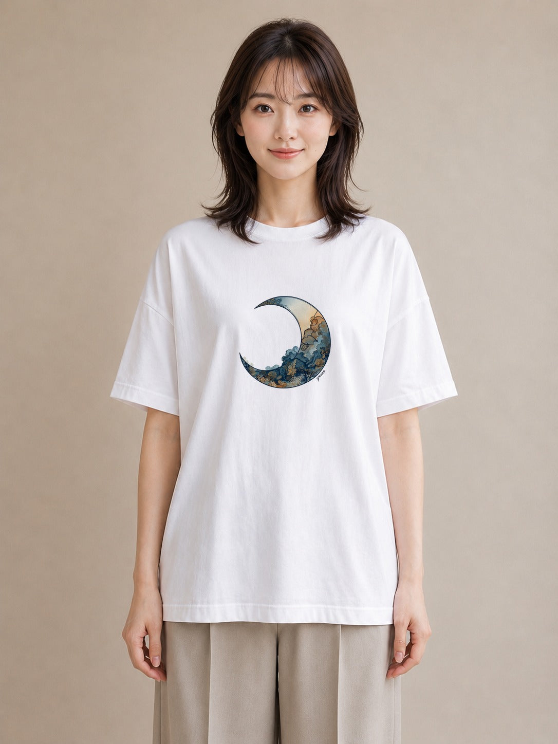 プリントTシャツ レディース 満月 星空 宇宙 イラスト モード 散歩 お出かけ 白T YMAZO