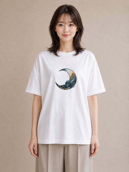 プリントTシャツ レディース 満月 星空 宇宙 イラスト モード 散歩 お出かけ 白T YMAZO