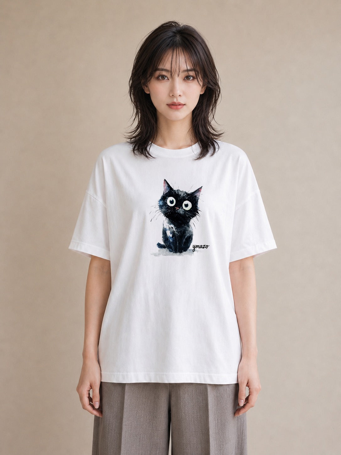 デザインTシャツ レディース ハチワレ 白黒猫 猫 ねこ イラスト 手描き風 母娘コーデ 自分用 白T YMAZO