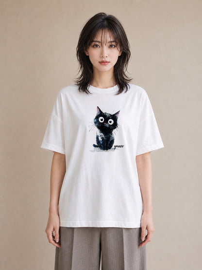 デザインTシャツ レディース ハチワレ 白黒猫 猫 ねこ イラスト 手描き風 母娘コーデ 自分用 白T YMAZO