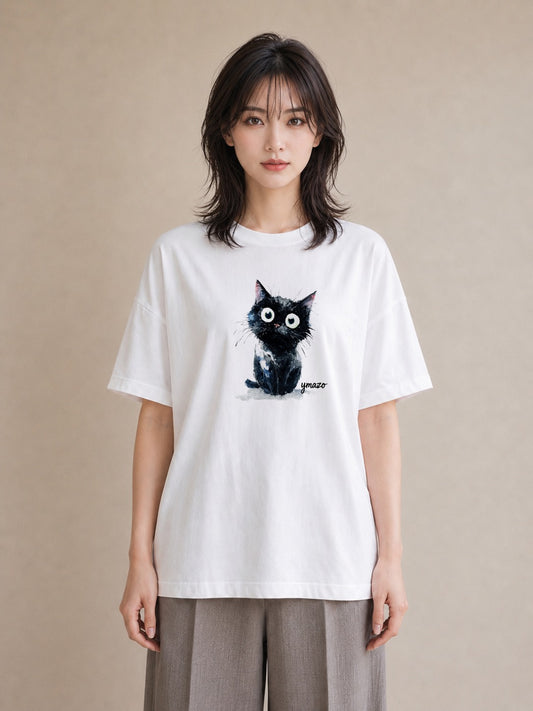 デザインTシャツ レディース ハチワレ 白黒猫 猫 ねこ イラスト 手描き風 母娘コーデ 自分用 白T YMAZO
