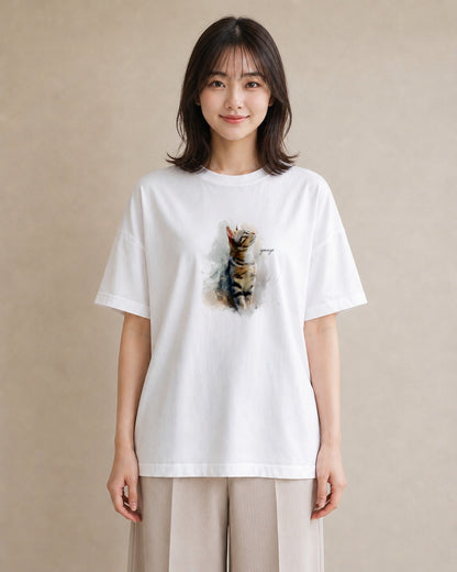 デザインTシャツ レディース メインクーン 猫 ねこ イラスト 韓国風 母の日 ビーチ 白T YMAZO