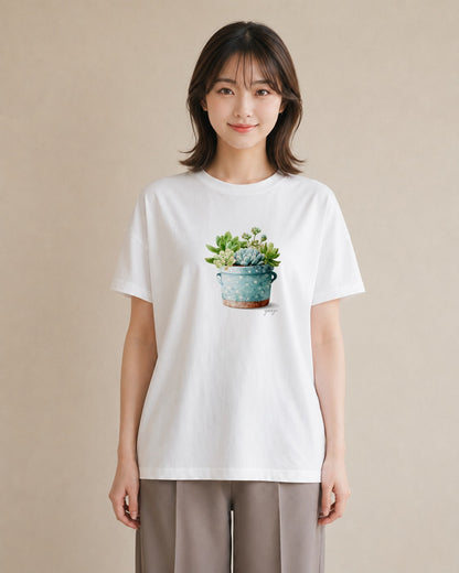 デザインTシャツ レディース 多肉植物 植物 ボタニカル イラスト フェミニン 海 カフェ巡り 白T YMAZO
