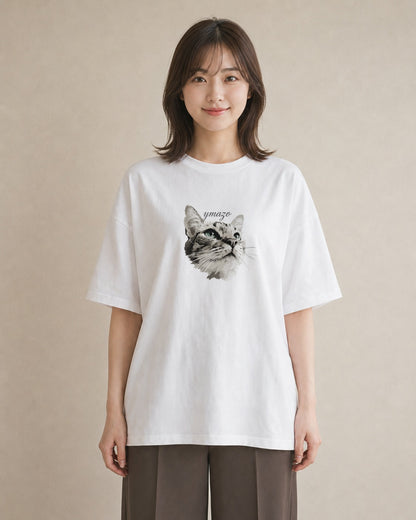 Tシャツ レディース 白猫 猫 ねこ イラスト 手描き風 デート 帰省 白T YMAZO
