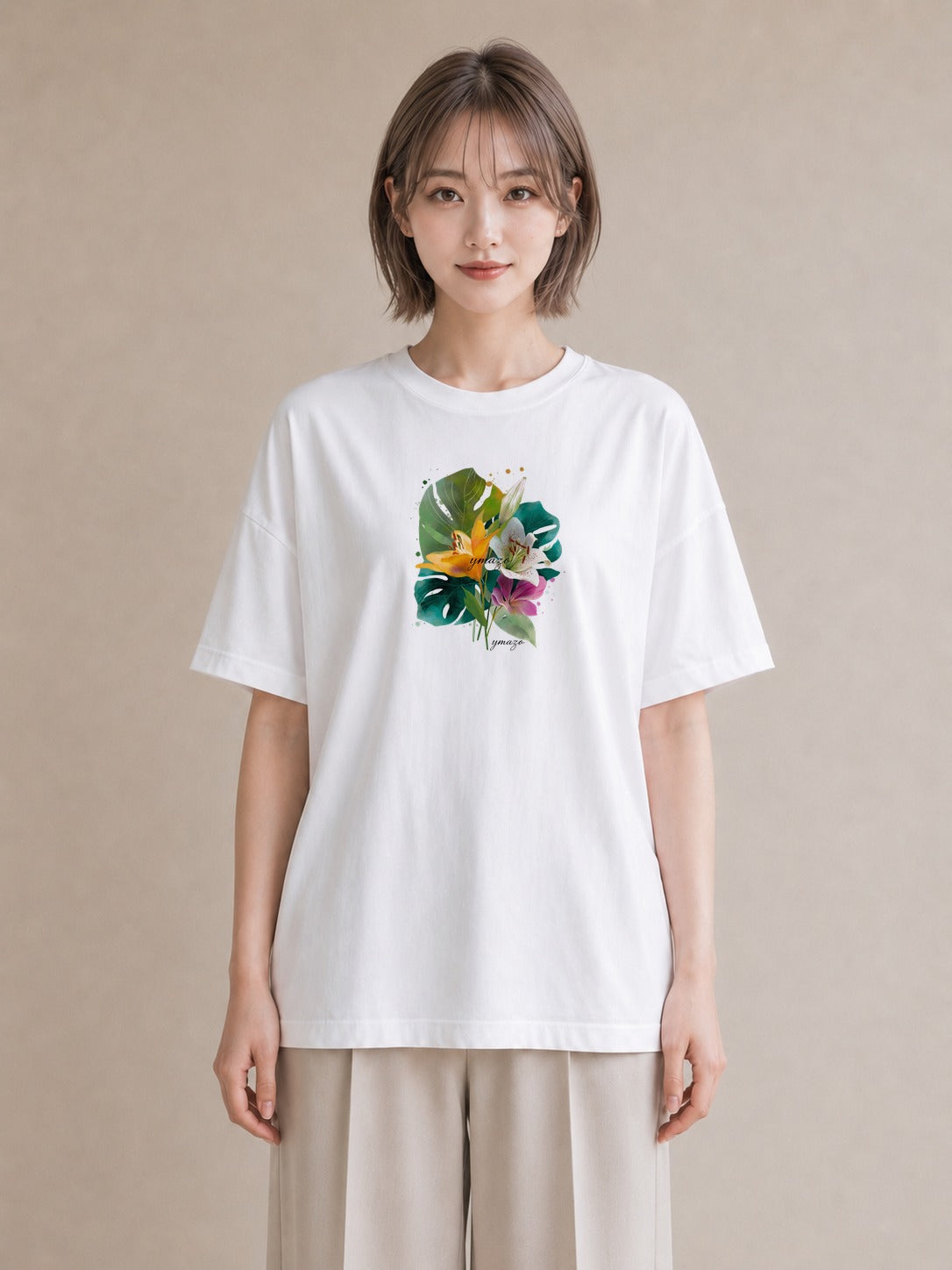 半袖Tシャツ レディース ゆり 百合 花 花柄 イラスト ニュアンス ラフ レイヤード 白T YMAZO