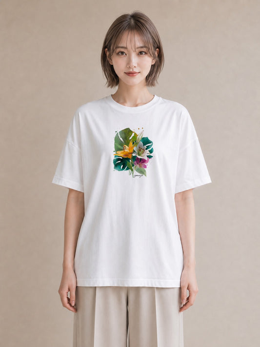 半袖Tシャツ レディース ゆり 百合 花 花柄 イラスト ニュアンス ラフ レイヤード 白T YMAZO