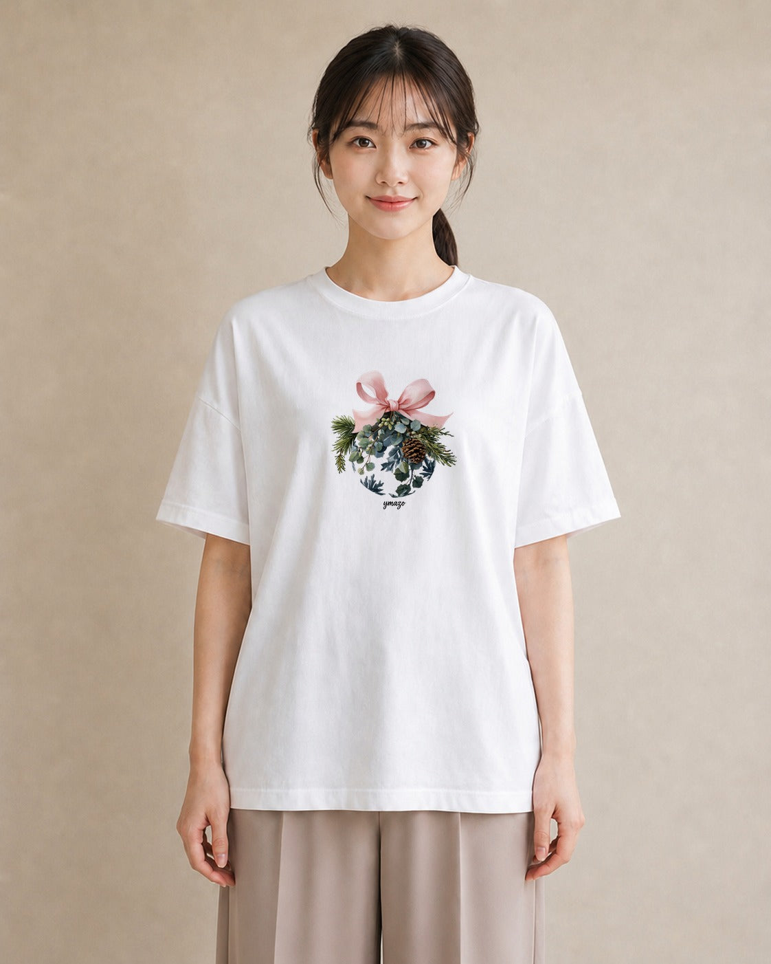 Tシャツ レディース 松ぼっくり 植物 ボタニカル イラスト 韓国風 秋コーデ おしゃれギフト 白T YMAZO