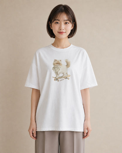Tシャツ レディース ペルシャ 猫 ねこ イラスト 個性的 春服 ミセス 白T YMAZO