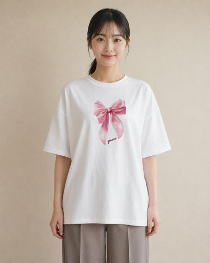 半袖Tシャツ レディース リボン 蝶結び ナチュラル アンティーク イラスト モード ペアコーデ 秋コーデ 白T YMAZO