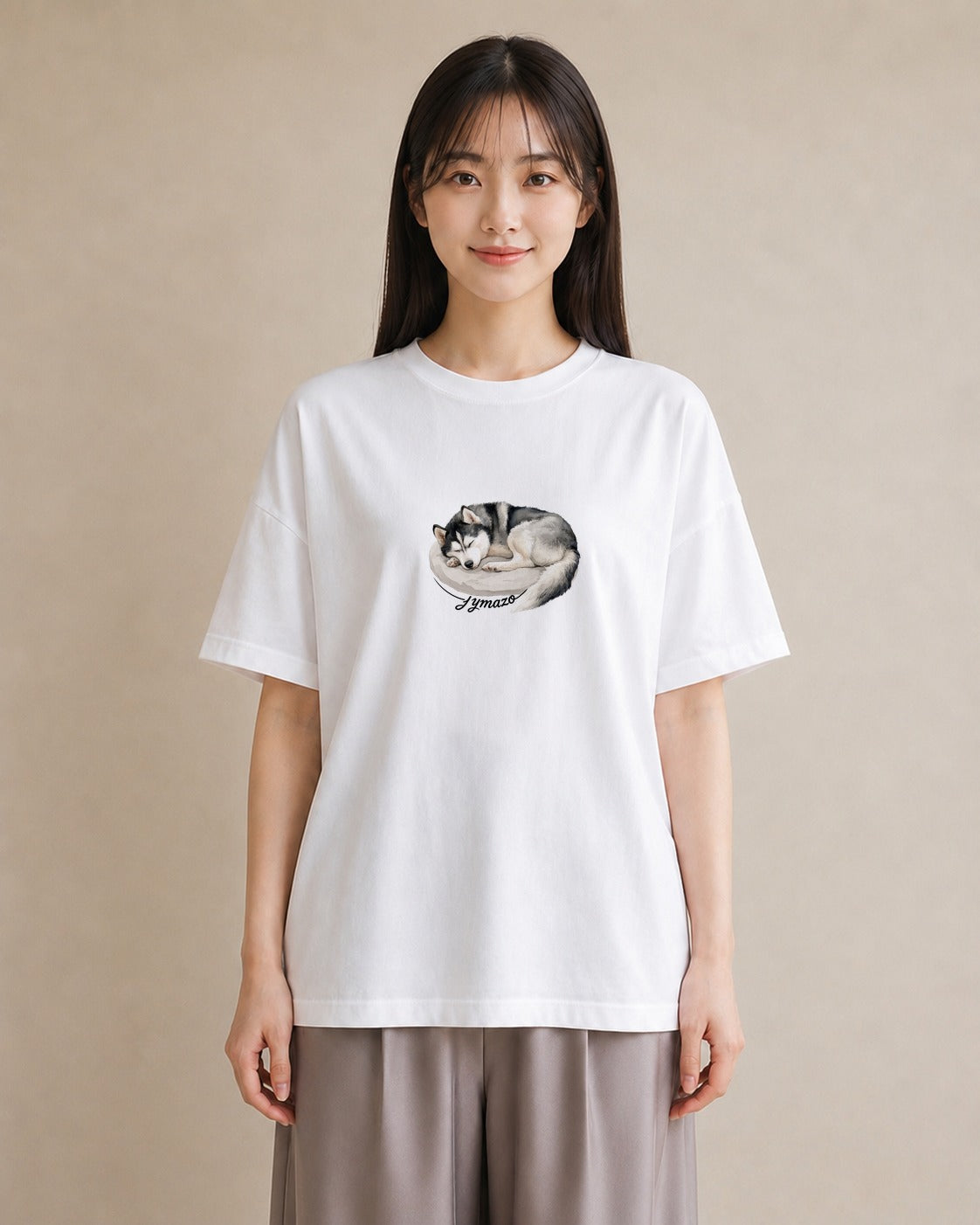 プリントTシャツ レディース シベリアンハスキー 犬 いぬ イラスト 旅行コーデ 社会人 女性 白T YMAZO