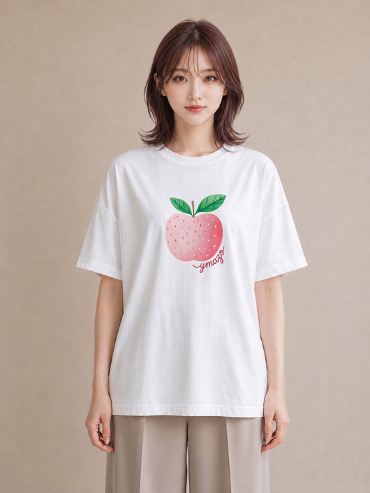 プリントTシャツ レディース もも 食べ物 フード イラスト フェミニン ラフ レイヤード 白T YMAZO