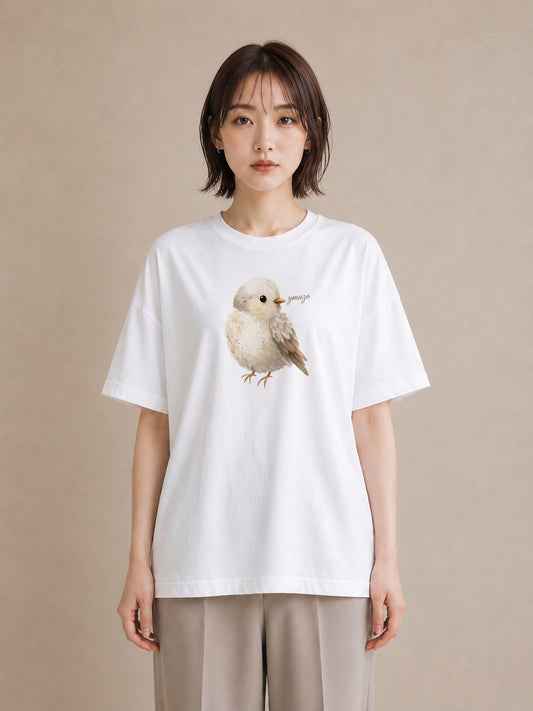デザインTシャツ レディース 遠い家と鳥 風景 鳥 ナチュラル アンティーク イラスト 線画 母の日 ビーチ 白T