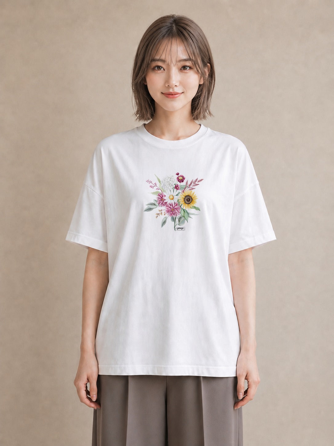 デザインTシャツ レディース ひまわり 向日葵 花 花柄 イラスト ナチュラル 母の日 ビーチ 白T YMAZO