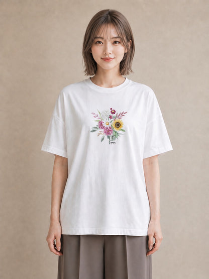 デザインTシャツ レディース ひまわり 向日葵 花 花柄 イラスト ナチュラル 母の日 ビーチ 白T YMAZO