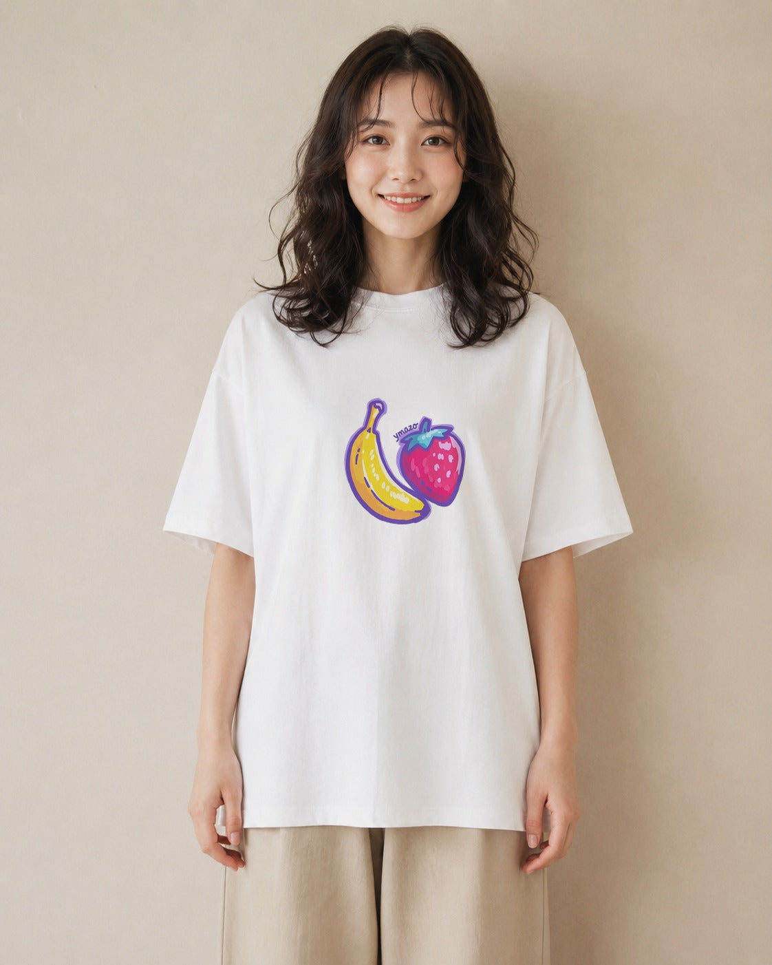 Tシャツ レディース バナナ 食べ物 フード イラスト 休日コーデ 公園 ママ 白T YMAZO