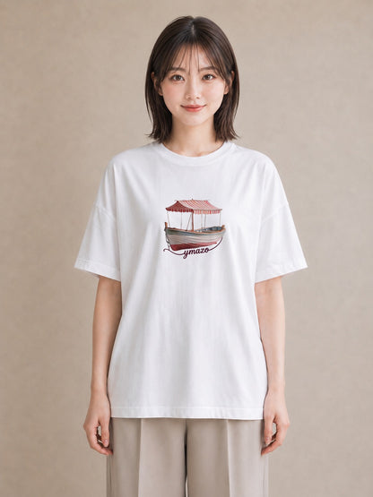 Tシャツ レディース 桟橋 水辺 波止場 ナチュラル アンティーク イラスト ママ カフェ服 白T YMAZO