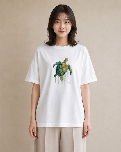 Tシャツ レディース ウミガメ 海の生き物 海 イラスト ヴィンテージ風 散歩 お出かけ 白T YMAZO