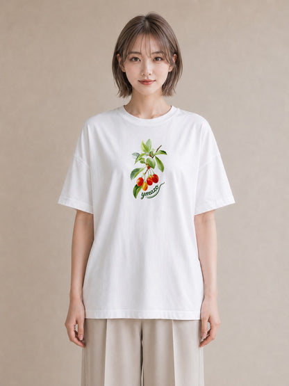 プリントTシャツ レディース さくらんぼ チェリー 食べ物 フード イラスト 北欧風 ラフ レイヤード 白T YMAZO