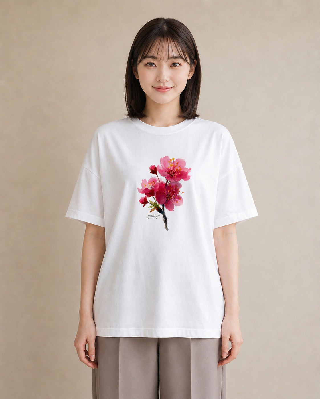 Tシャツ レディース 梅 花 花柄 イラスト お洒落 レイヤード 友達ギフト 白T YMAZO