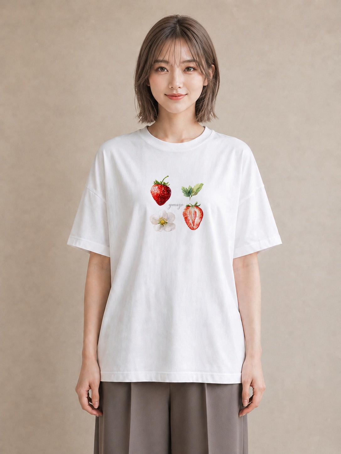 半袖Tシャツ レディース いちご 苺 ストロベリー 食べ物 フード イラスト ギフト 母の日 白T YMAZO