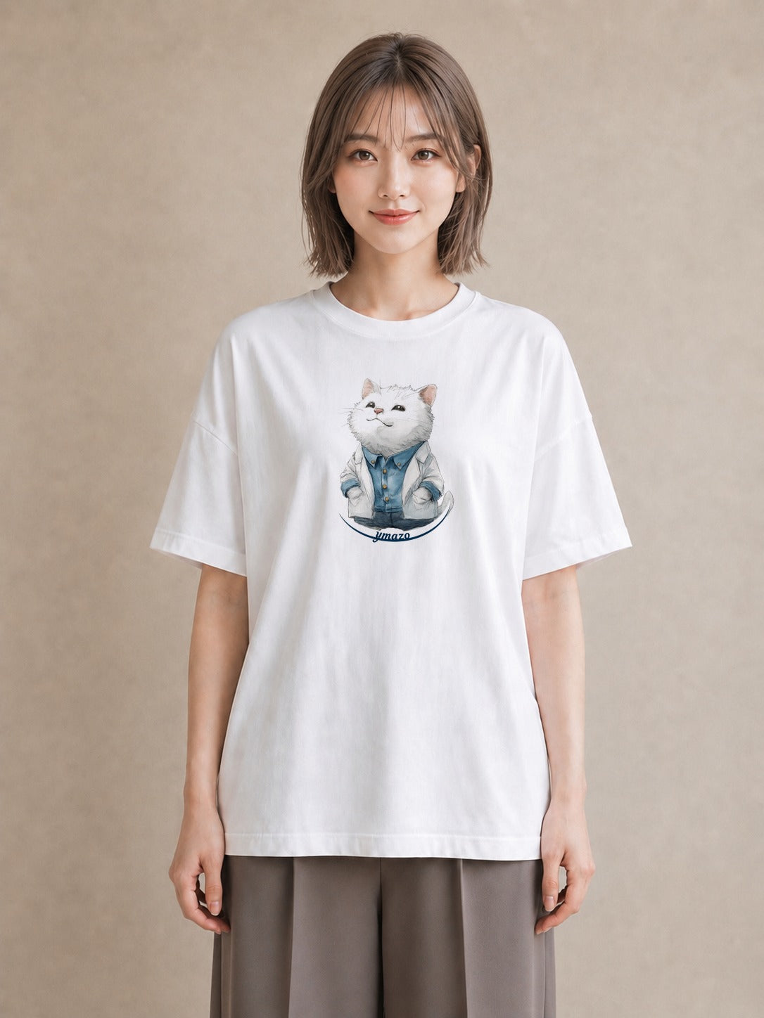半袖Tシャツ レディース 猫 ねこ イラスト カジュアル 散歩 お出かけ 白T YMAZO