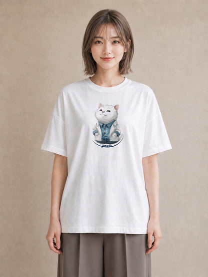 半袖Tシャツ レディース 猫 ねこ イラスト カジュアル 散歩 お出かけ 白T YMAZO