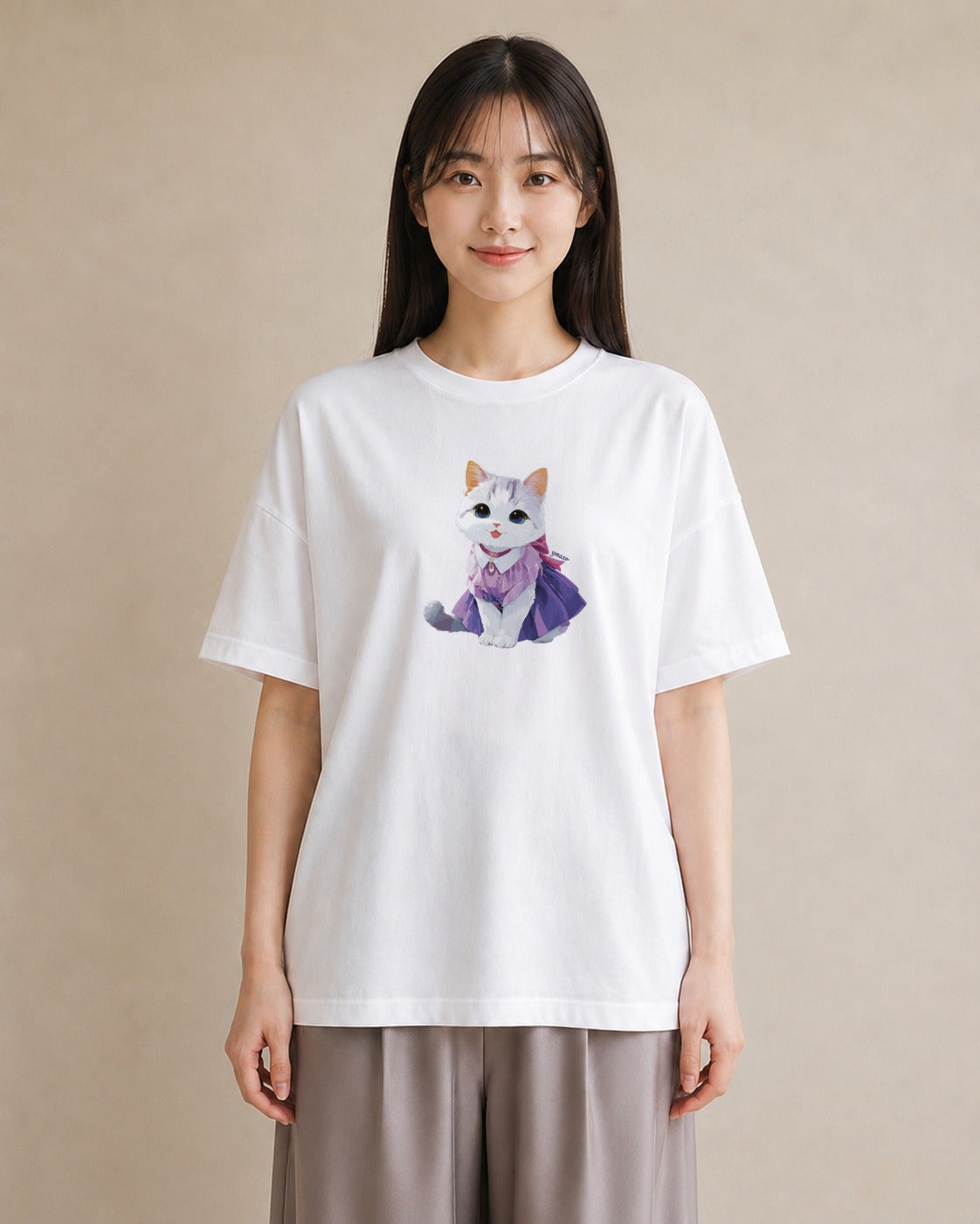Tシャツ レディース 白猫 猫 ねこ イラスト 普段使い 敬老の日 ホワイトデー 白T YMAZO