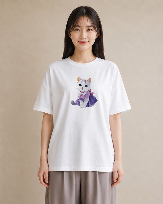 Tシャツ レディース 白猫 猫 ねこ イラスト 普段使い 敬老の日 ホワイトデー 白T YMAZO