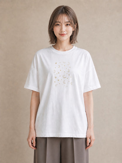 プリントTシャツ レディース 月と星 星空 ムーン イラスト フェミニン 敬老の日 ホワイトデー 白T YMAZO