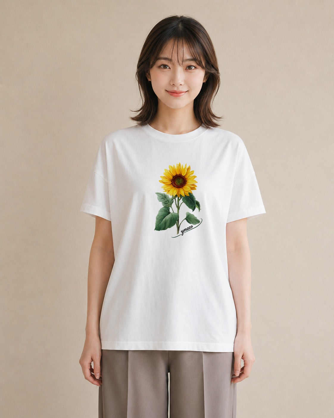 半袖Tシャツ レディース ひまわり 向日葵 花 花柄 イラスト 北欧風 女性 旅行用 白T YMAZO