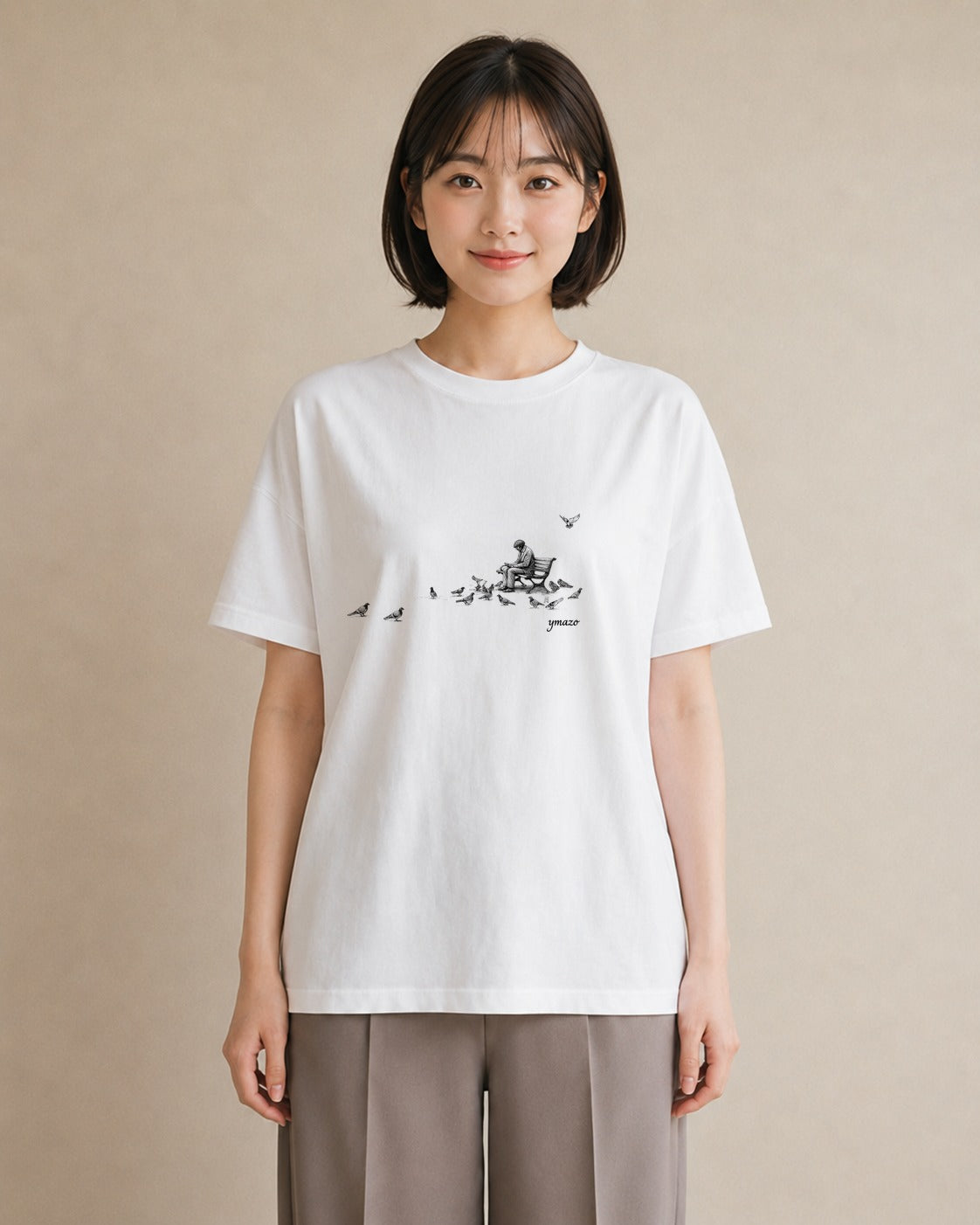 グラフィックTシャツ レディース 雨上がりのベンチ ベンチ ナチュラル アンティーク イラスト 旅行コーデ 公園 ママ 白T YMAZO