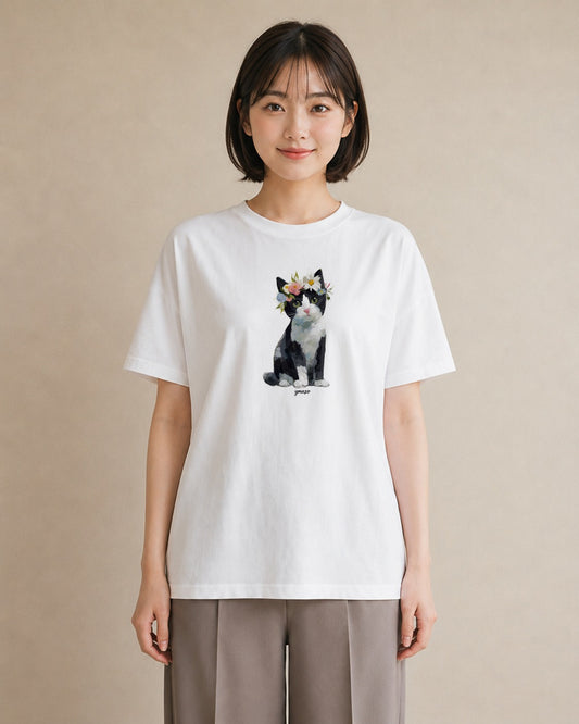 デザインTシャツ レディース 靴下猫 猫 ねこ イラスト ゆるコーデ 通勤 在宅 白T YMAZO