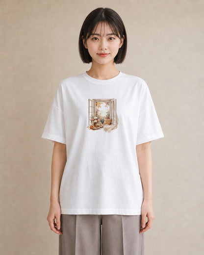 グラフィックTシャツ レディース 窓辺の雨 雨の日 窓 ナチュラル アンティーク イラスト 上品 敬老の日 ホワイトデー 白T YMAZO