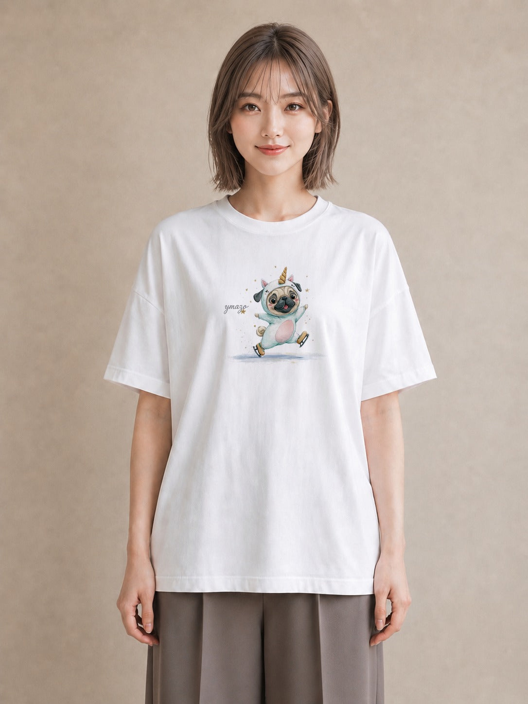 プリントTシャツ レディース パグ 犬 いぬ イラスト ニュアンス 社会人 女性 白T YMAZO