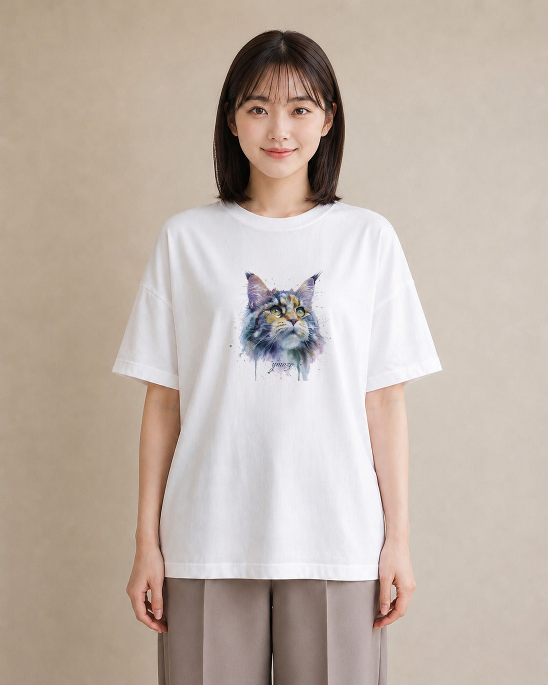 半袖Tシャツ レディース ペルシャ 猫 ねこ イラスト ガーリー 女性 旅行用 白T YMAZO