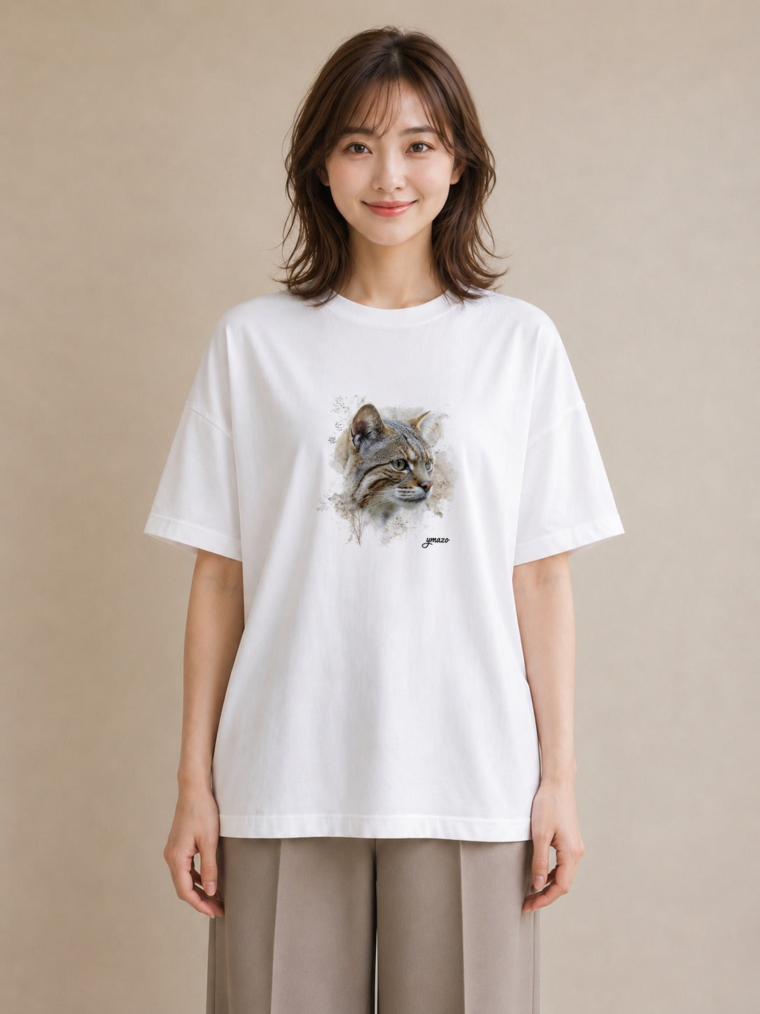プリントTシャツ レディース キジトラ 猫 ねこ イラスト 個性的 ラフ レイヤード 白T YMAZO