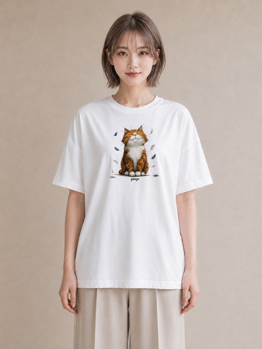 半袖Tシャツ レディース 茶トラ 茶猫 猫 ねこ イラスト シック 綿100 デート 白T YMAZO