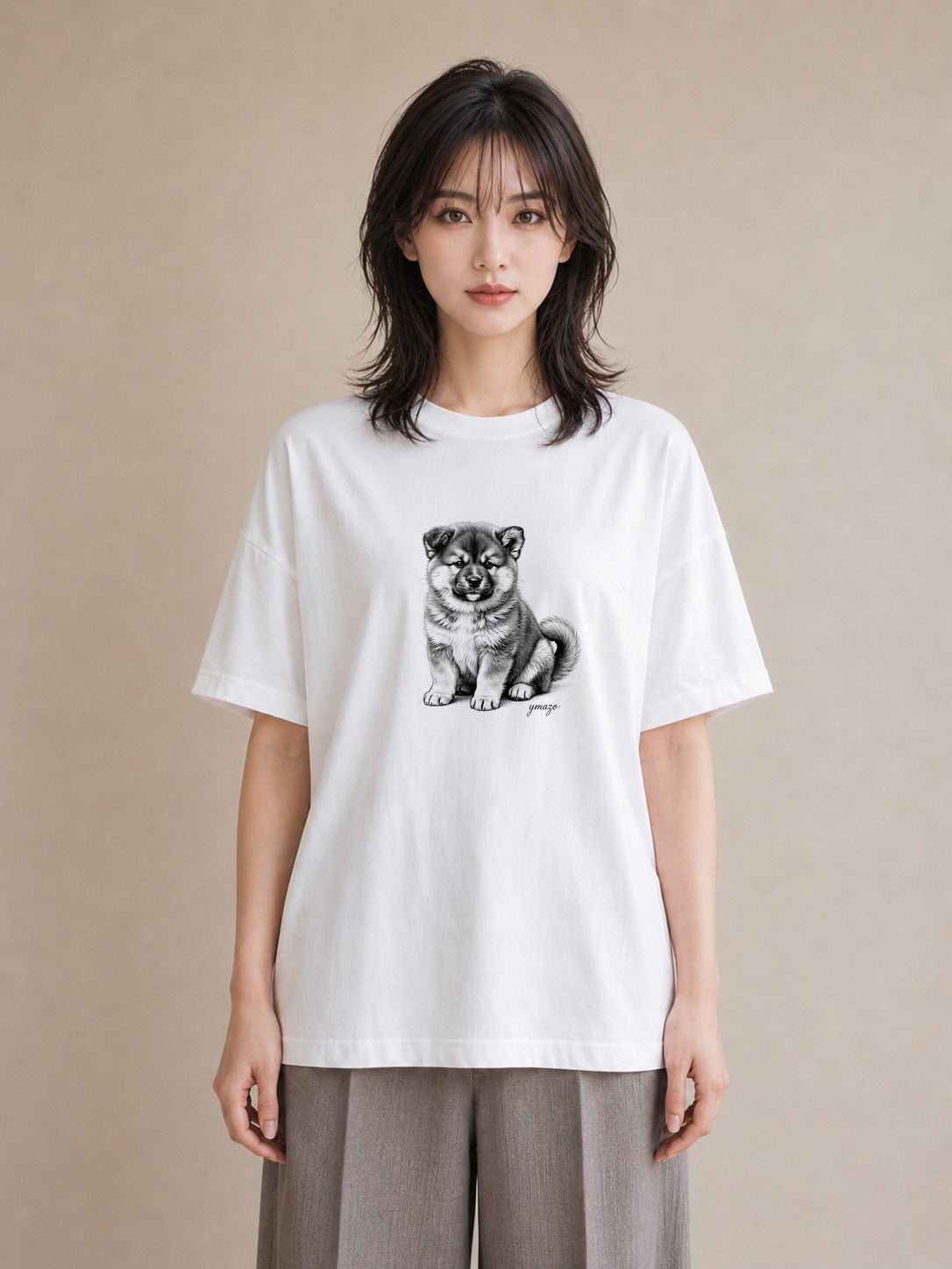 半袖Tシャツ レディース 秋田犬 犬 いぬ イラスト 抜け感 カジュアルコーデ 買い物 白T YMAZO