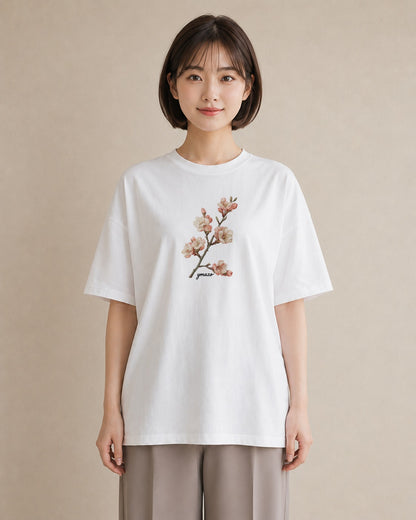 プリントTシャツ レディース 梅 花 花柄 イラスト 上品 綿100 デート 白T YMAZO