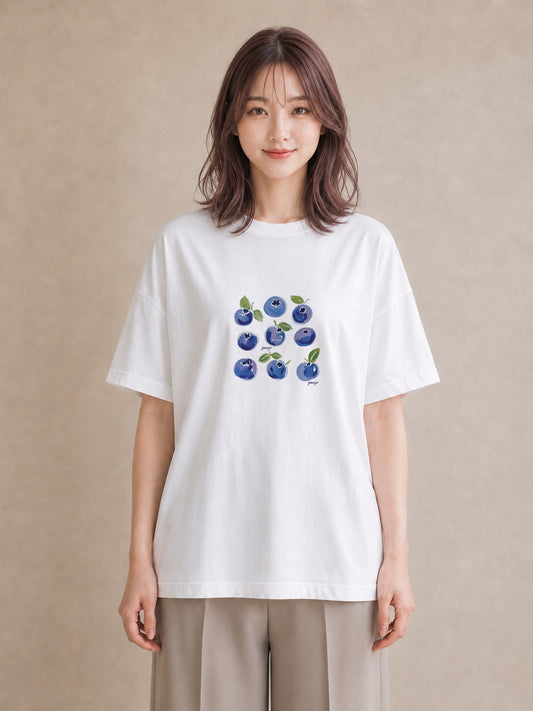 デザインTシャツ レディース ブルーベリー 食べ物 フード イラスト 韓国風 普段着 週末コーデ 白T YMAZO