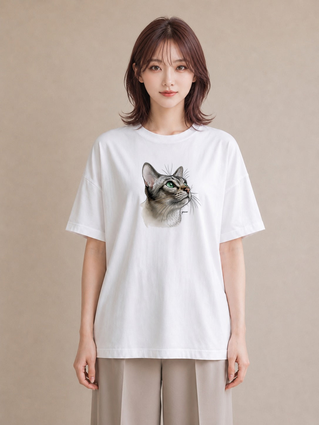 デザインTシャツ レディース アメリカンショートヘア 猫 ねこ イラスト こなれ感 秋コーデ おしゃれギフト 白T YMAZO