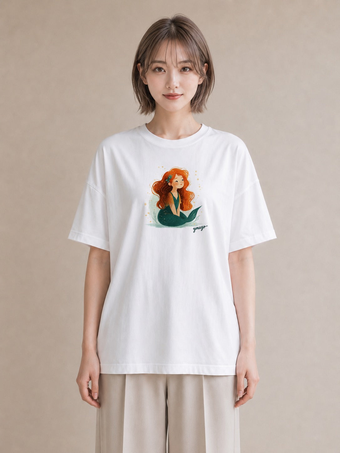 半袖Tシャツ レディース 人魚 海の生き物 海 イラスト 旅行コーデ 散歩 お出かけ 白T YMAZO