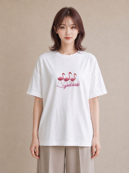 Tシャツ レディース フラミンゴ 動物 アニマル イラスト モード 通勤 在宅 白T YMAZO