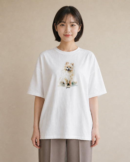 デザインTシャツ レディース ポメラニアン ポメ 犬 いぬ イラスト 韓国風 デイリーウェア 休日 白T YMAZO