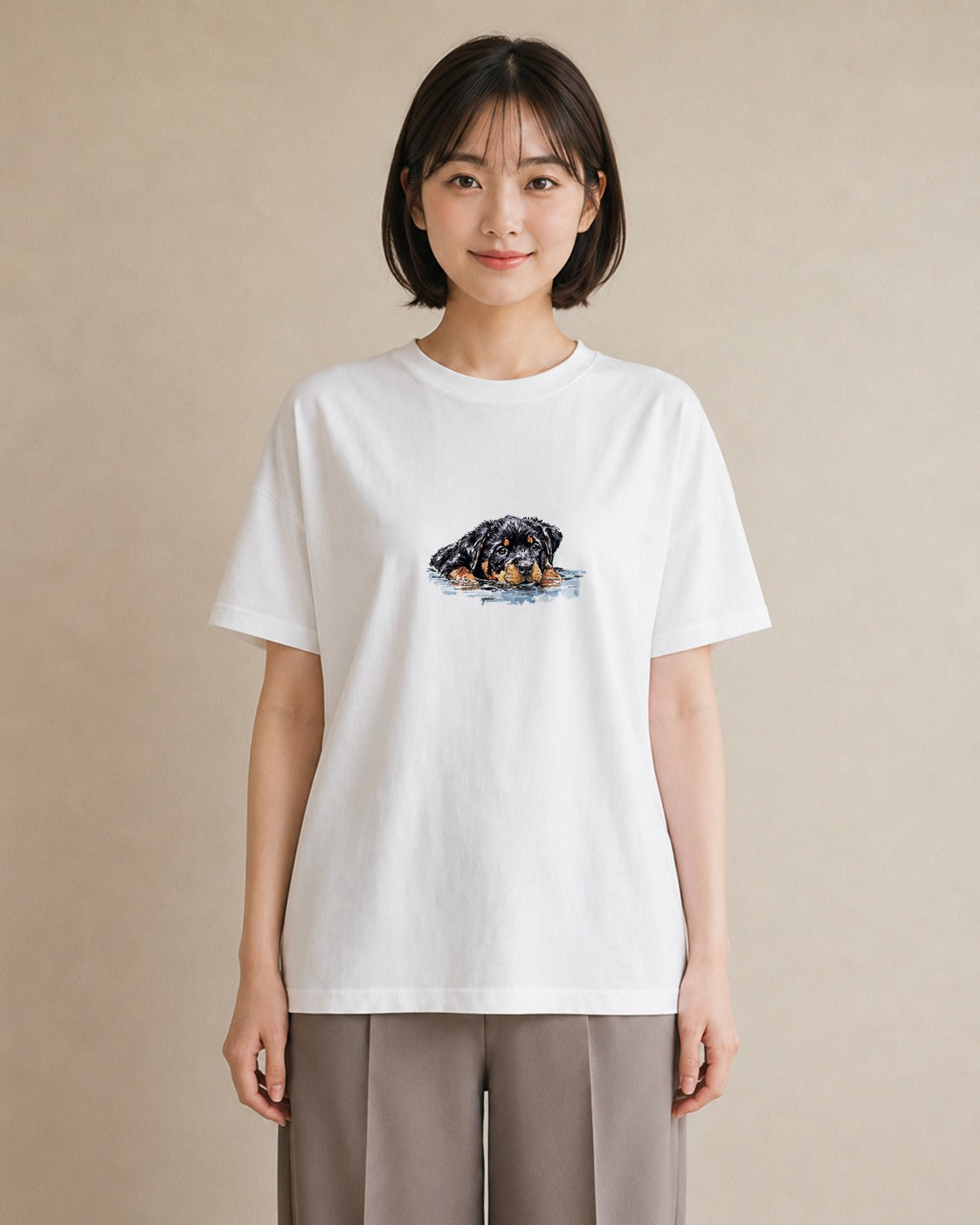 プリントTシャツ レディース 黒柴 犬 いぬ イラスト 韓国風 旅行 母娘コーデ 白T YMAZO