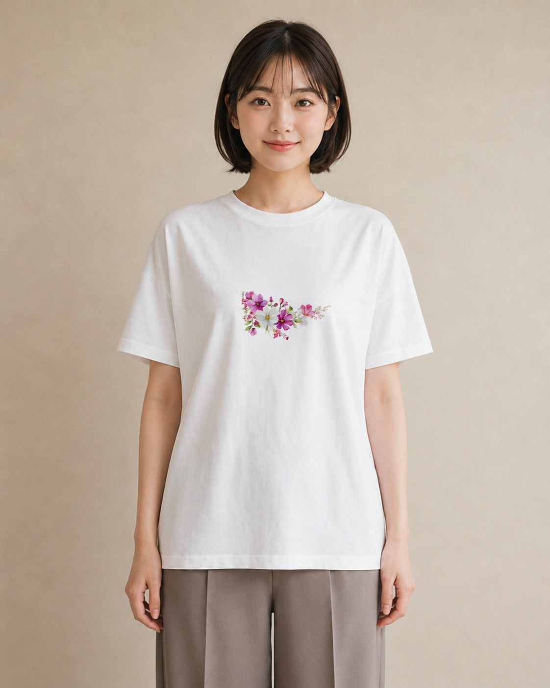 半袖Tシャツ レディース コスモス 秋桜 花 花柄 イラスト ミニマル 誕生日プレゼント 綿100 白T YMAZO