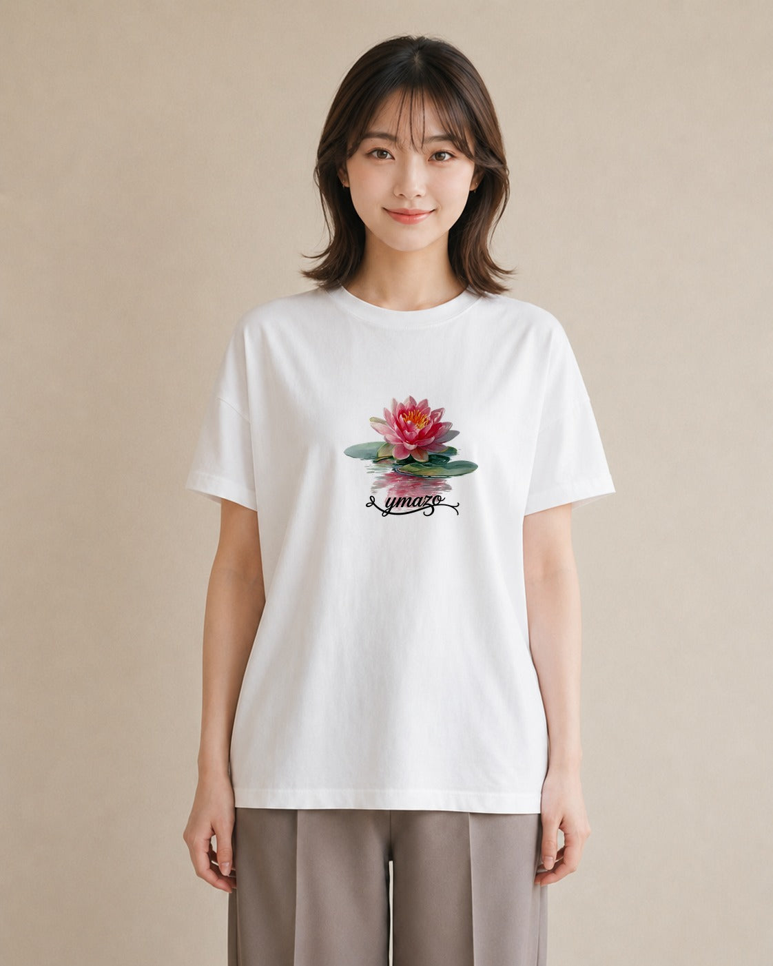 グラフィックTシャツ レディース 蓮 花 花柄 イラスト 個性的 ペアコーデ 秋コーデ 白T