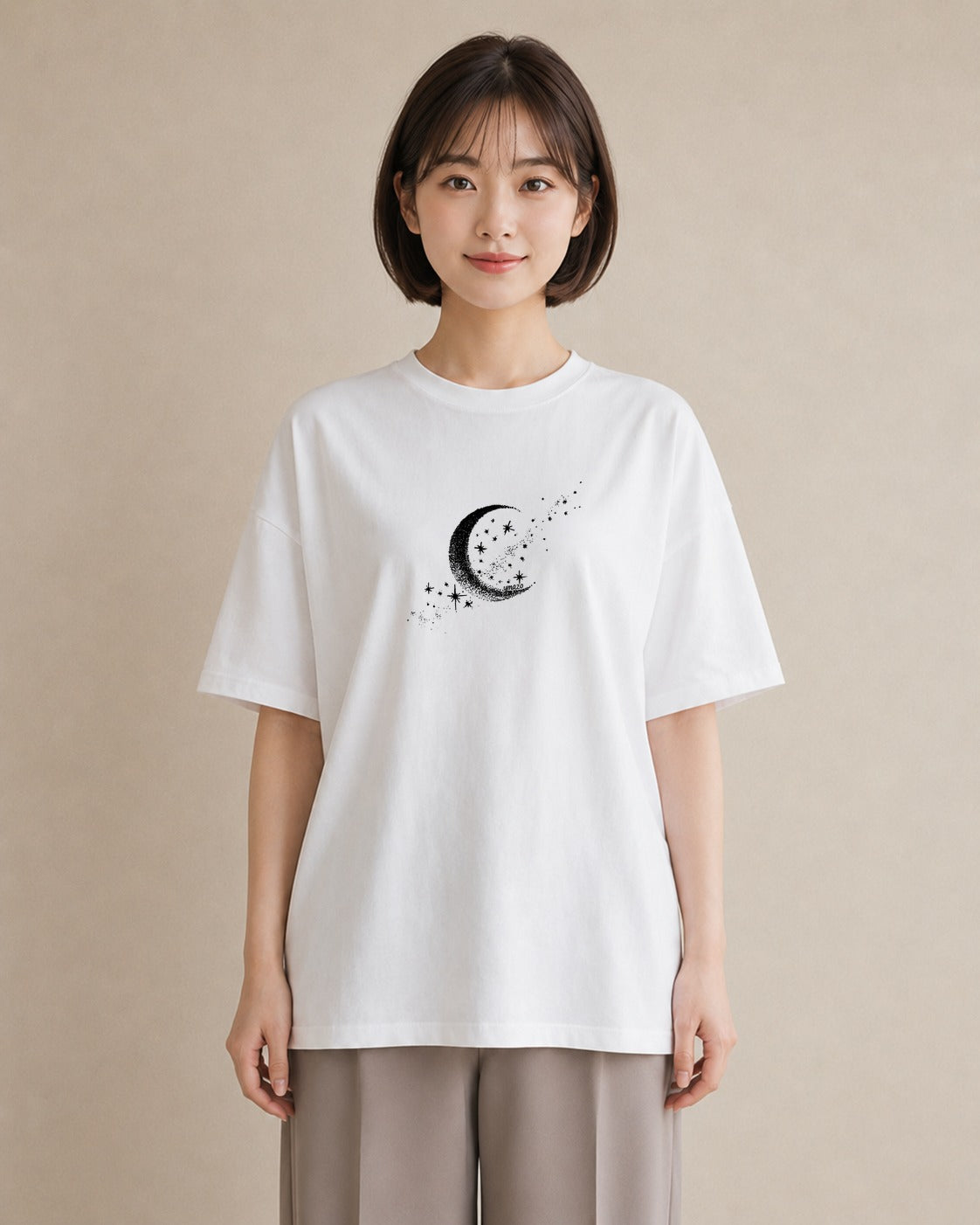 プリントTシャツ レディース 月と星 星空 ムーン イラスト カフェ巡り 女子会 白T YMAZO