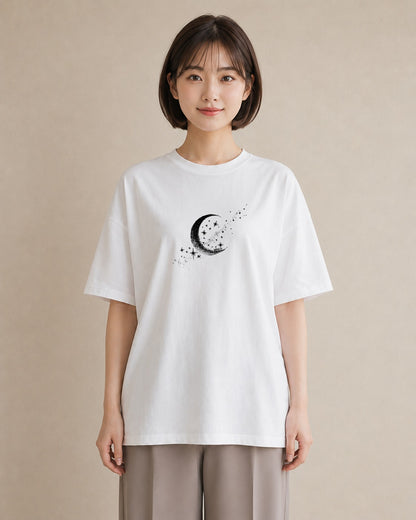 プリントTシャツ レディース 月と星 星空 ムーン イラスト カフェ巡り 女子会 白T YMAZO